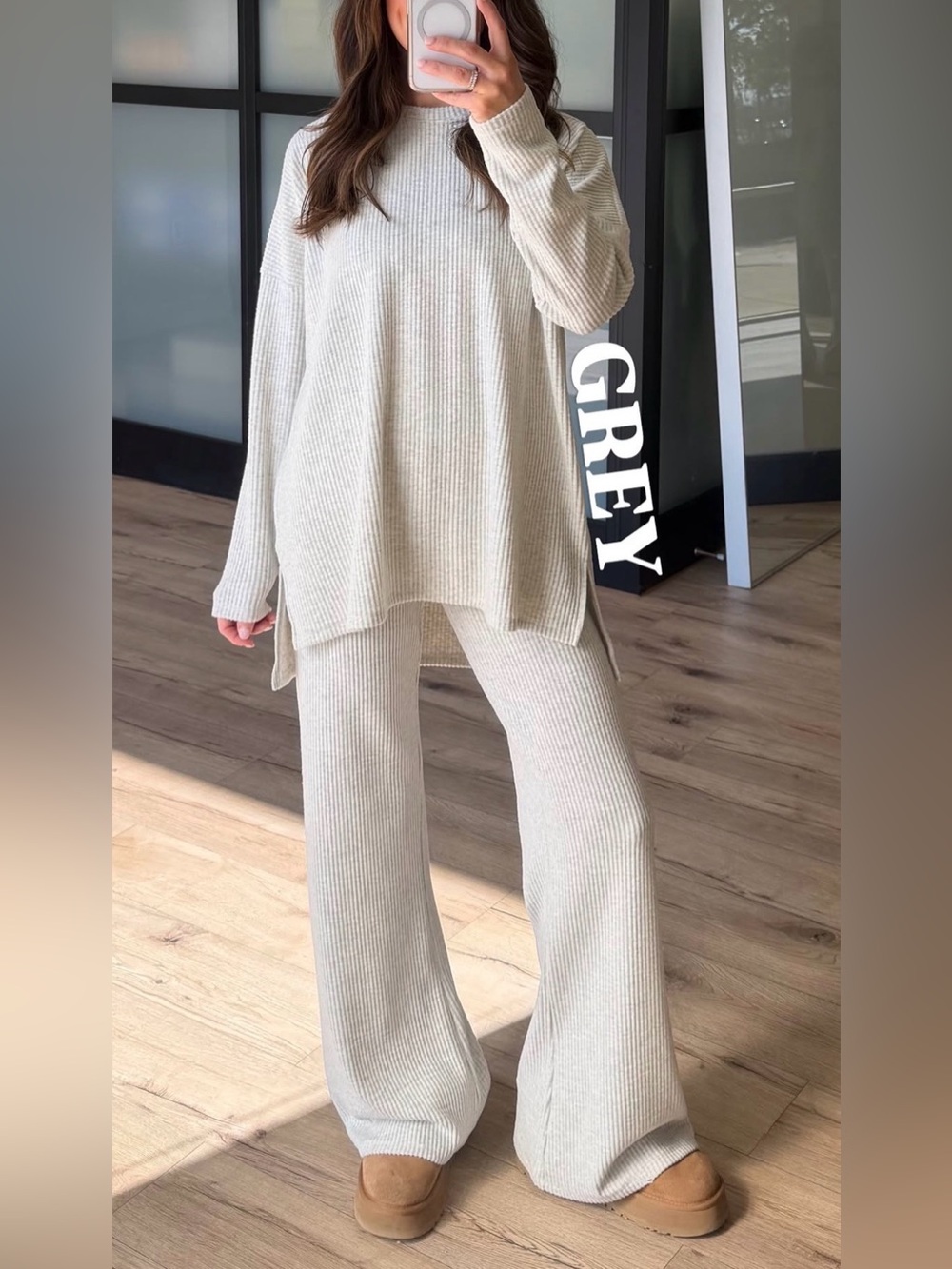 Grey Wide-Leg Rib Knit Pants - Cozy Lounge Style